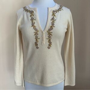 Cullen 100% Cashmere Sweater Beaded Embroidered Womens S Cream Dainty V neck big